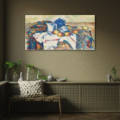 Glasbild Stillleben mit blauem Kessel