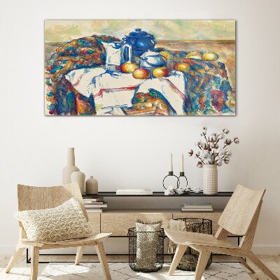 Glasbild Stillleben mit blauem Kessel