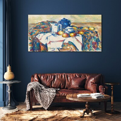 Glasbild Stillleben mit blauem Kessel