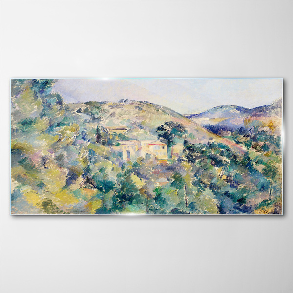 Glasbild Landschaft mit Häusern zwischen Bäumen