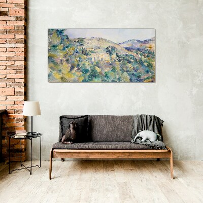 Glasbild Landschaft mit Häusern zwischen Bäumen