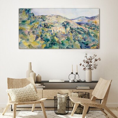 Glasbild Landschaft mit Häusern zwischen Bäumen