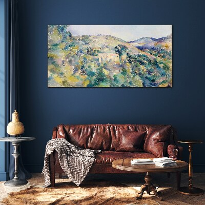 Glasbild Landschaft mit Häusern zwischen Bäumen