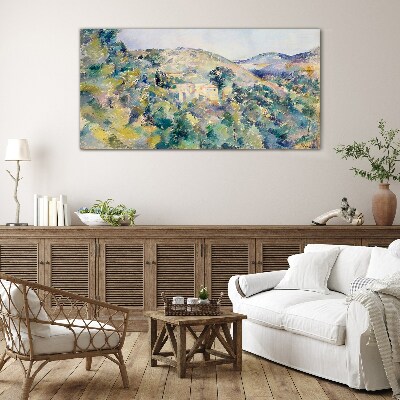 Glasbild Landschaft mit Häusern zwischen Bäumen