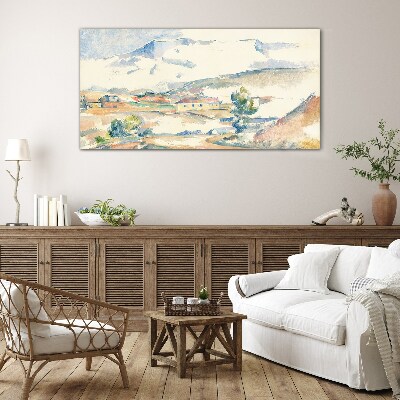 Glasbild Berglandschaft in Pastelltönen