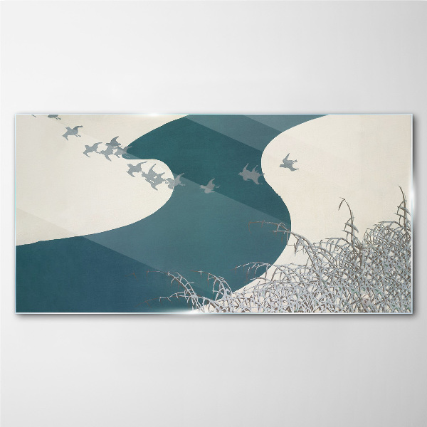 Glasbild Ein ruhiger Fluss mit wegfliegenden Vögeln