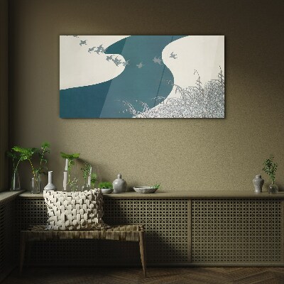 Glasbild Ein ruhiger Fluss mit wegfliegenden Vögeln