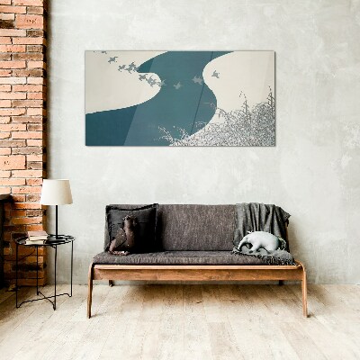 Glasbild Ein ruhiger Fluss mit wegfliegenden Vögeln