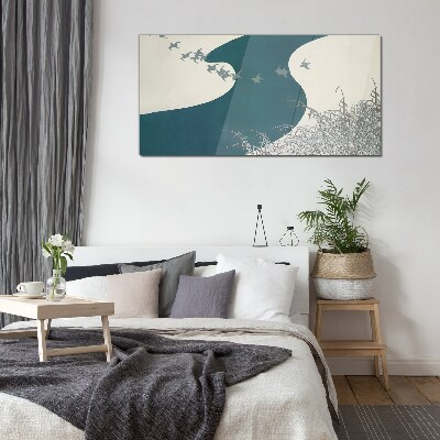Glasbild Ein ruhiger Fluss mit wegfliegenden Vögeln