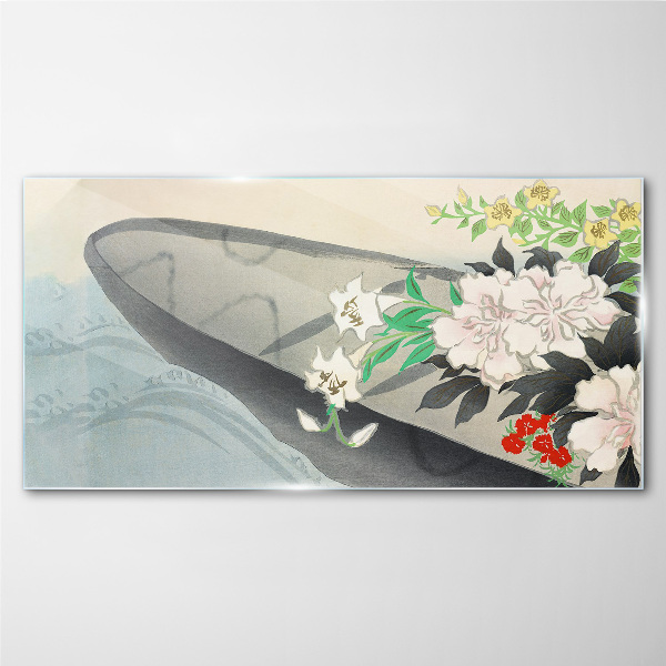 Glasbild Blumenboot auf ruhigem Wasser