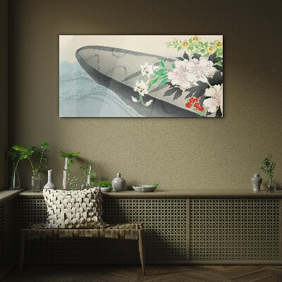 Glasbild Blumenboot auf ruhigem Wasser