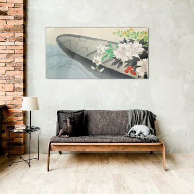 Glasbild Blumenboot auf ruhigem Wasser