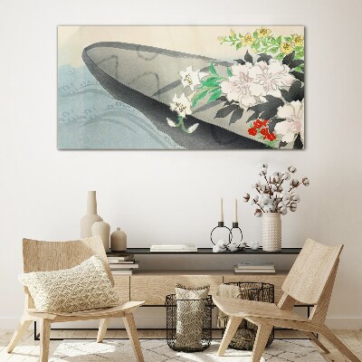 Glasbild Blumenboot auf ruhigem Wasser