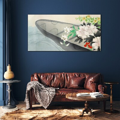 Glasbild Blumenboot auf ruhigem Wasser
