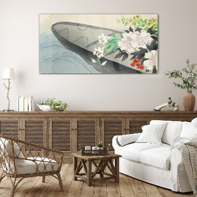 Glasbild Blumenboot auf ruhigem Wasser