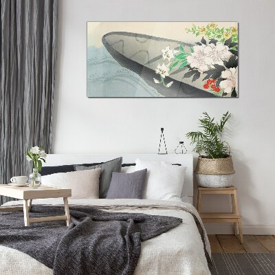 Glasbild Blumenboot auf ruhigem Wasser