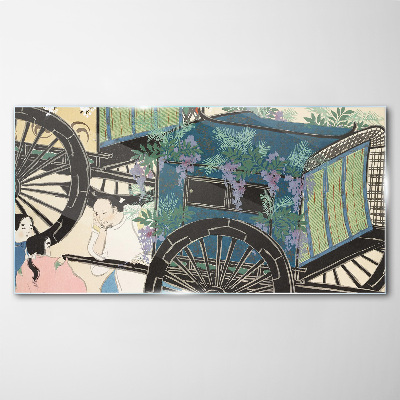 Foto auf glas Eine Szene mit einem Kinderwagen und Blumen im Hintergrund