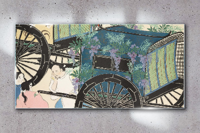 Foto auf glas Eine Szene mit einem Kinderwagen und Blumen im Hintergrund