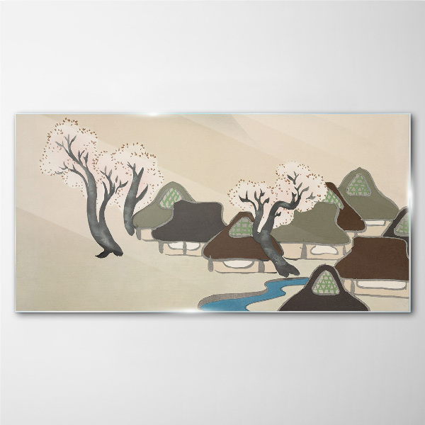 Glasbild Eine friedliche Landschaft mit Häusern und Bäumen