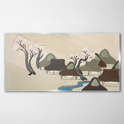 Glasbild Eine friedliche Landschaft mit Häusern und Bäumen