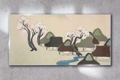 Glasbild Eine friedliche Landschaft mit Häusern und Bäumen