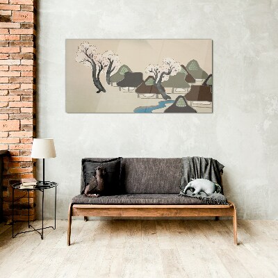 Glasbild Eine friedliche Landschaft mit Häusern und Bäumen