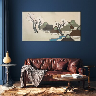 Glasbild Eine friedliche Landschaft mit Häusern und Bäumen