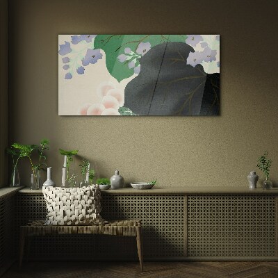Glasbild Grünes Blatt mit Blumen
