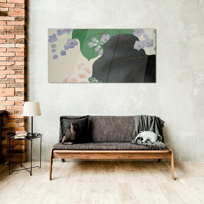 Glasbild Grünes Blatt mit Blumen