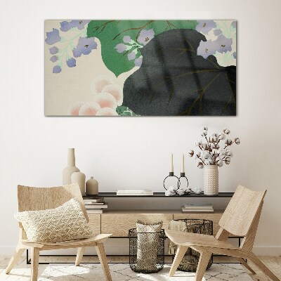 Glasbild Grünes Blatt mit Blumen