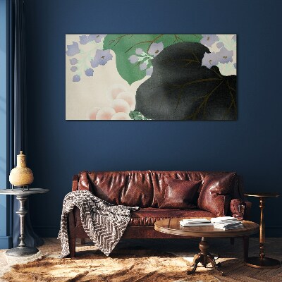 Glasbild Grünes Blatt mit Blumen