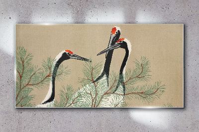 Glasbild Drei Kraniche zwischen den Tannenzweigen