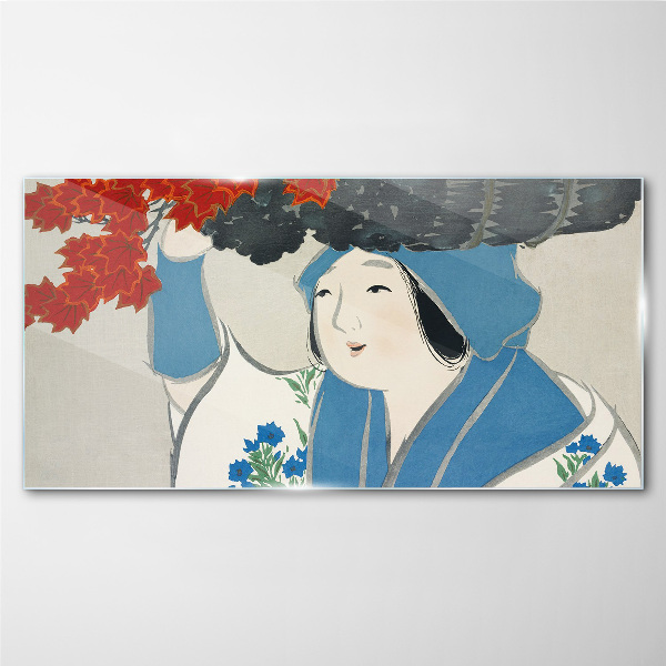 Glasbild Frauen-Kimono-Blätter