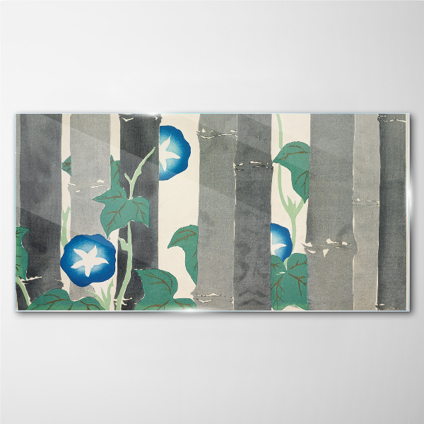 Glasbild Morgen im Wald mit blauen Blumen