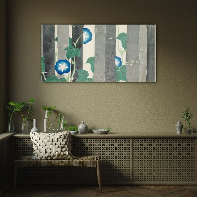 Glasbild Morgen im Wald mit blauen Blumen