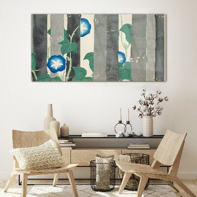 Glasbild Morgen im Wald mit blauen Blumen