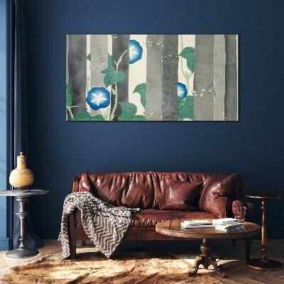 Glasbild Morgen im Wald mit blauen Blumen
