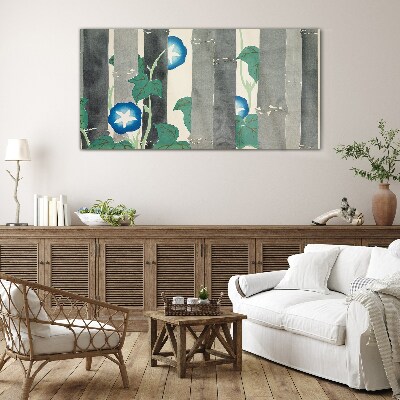 Glasbild Morgen im Wald mit blauen Blumen