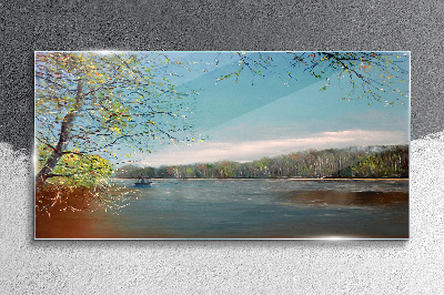 Glasbild Eine friedliche Landschaft am Fluss