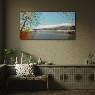 Glasbild Eine friedliche Landschaft am Fluss