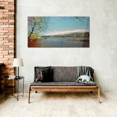 Glasbild Eine friedliche Landschaft am Fluss