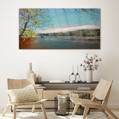 Glasbild Eine friedliche Landschaft am Fluss
