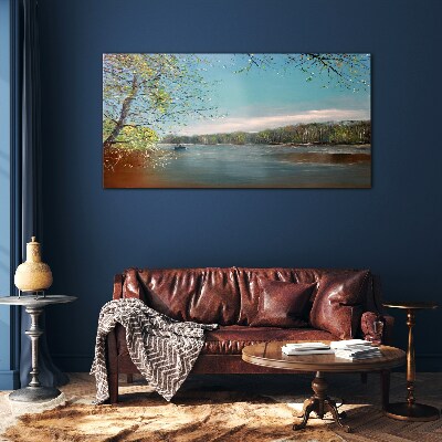 Glasbild Eine friedliche Landschaft am Fluss