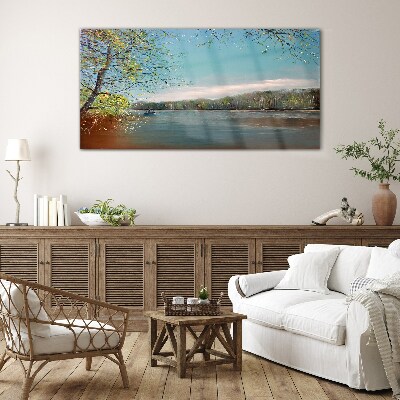 Glasbild Eine friedliche Landschaft am Fluss