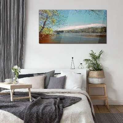 Glasbild Eine friedliche Landschaft am Fluss