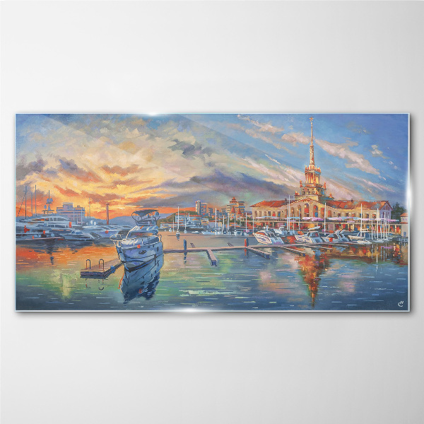 Glasbild Sonnenuntergang über dem Hafen