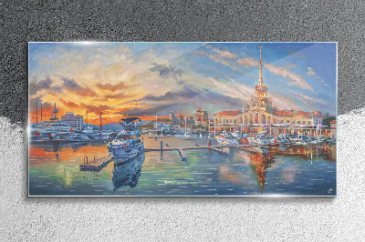 Glasbild Sonnenuntergang über dem Hafen