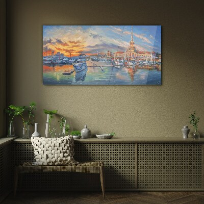 Glasbild Sonnenuntergang über dem Hafen