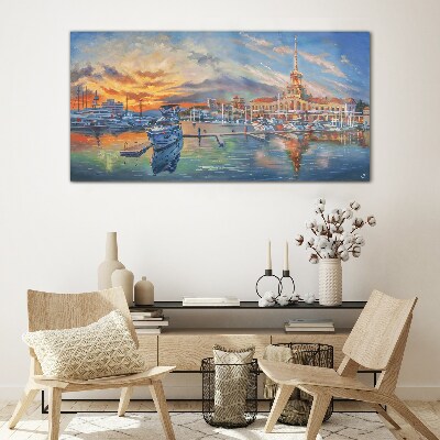 Glasbild Sonnenuntergang über dem Hafen