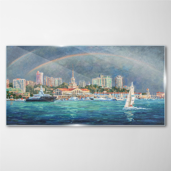Glasbild Meerespanorama mit Regenbogen